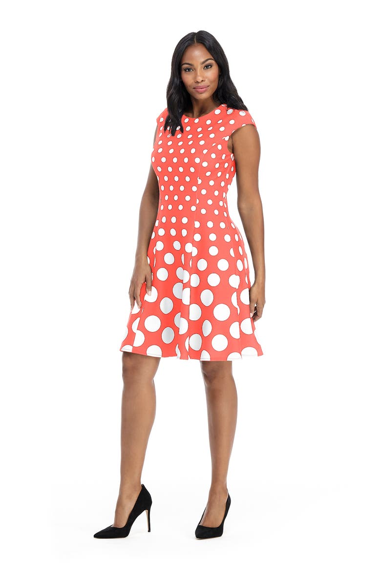 London Times Dot Fit & Flare Dress, Alternate, color, Coral White