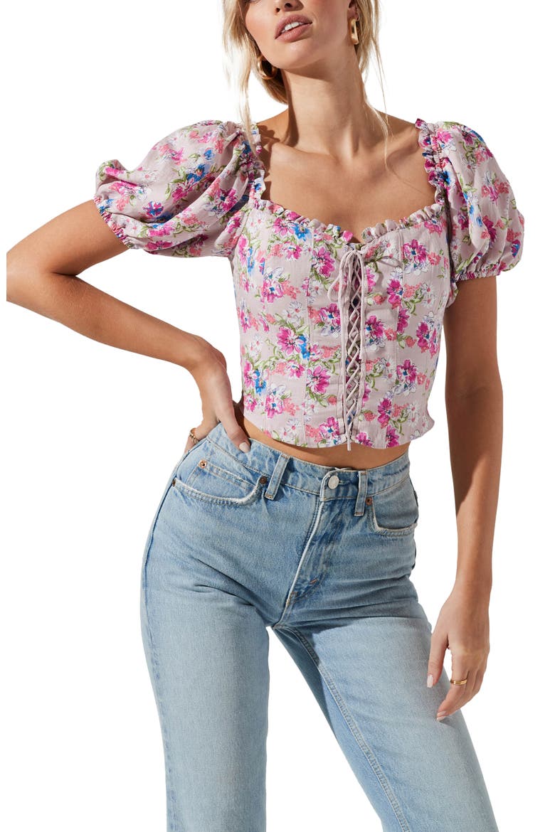 Lace-Up Floral Puff Sleeve Crop Top, Main, color, PURPLE MULTI FLORAL