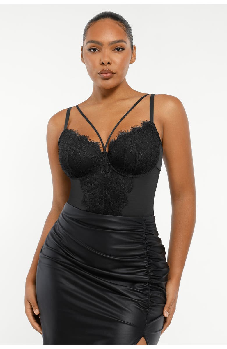 Shapellx Sheer Lace Mesh Bodysuit with Shaping, Alternate, color, Matte Black
