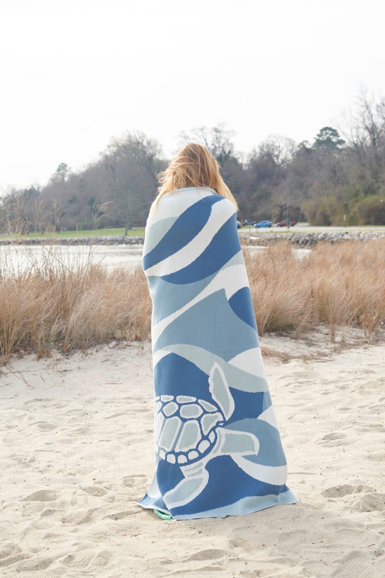 Blue Wave Turtle Indoor and Outdoor Throw Blanket, Alternate, color, Blue