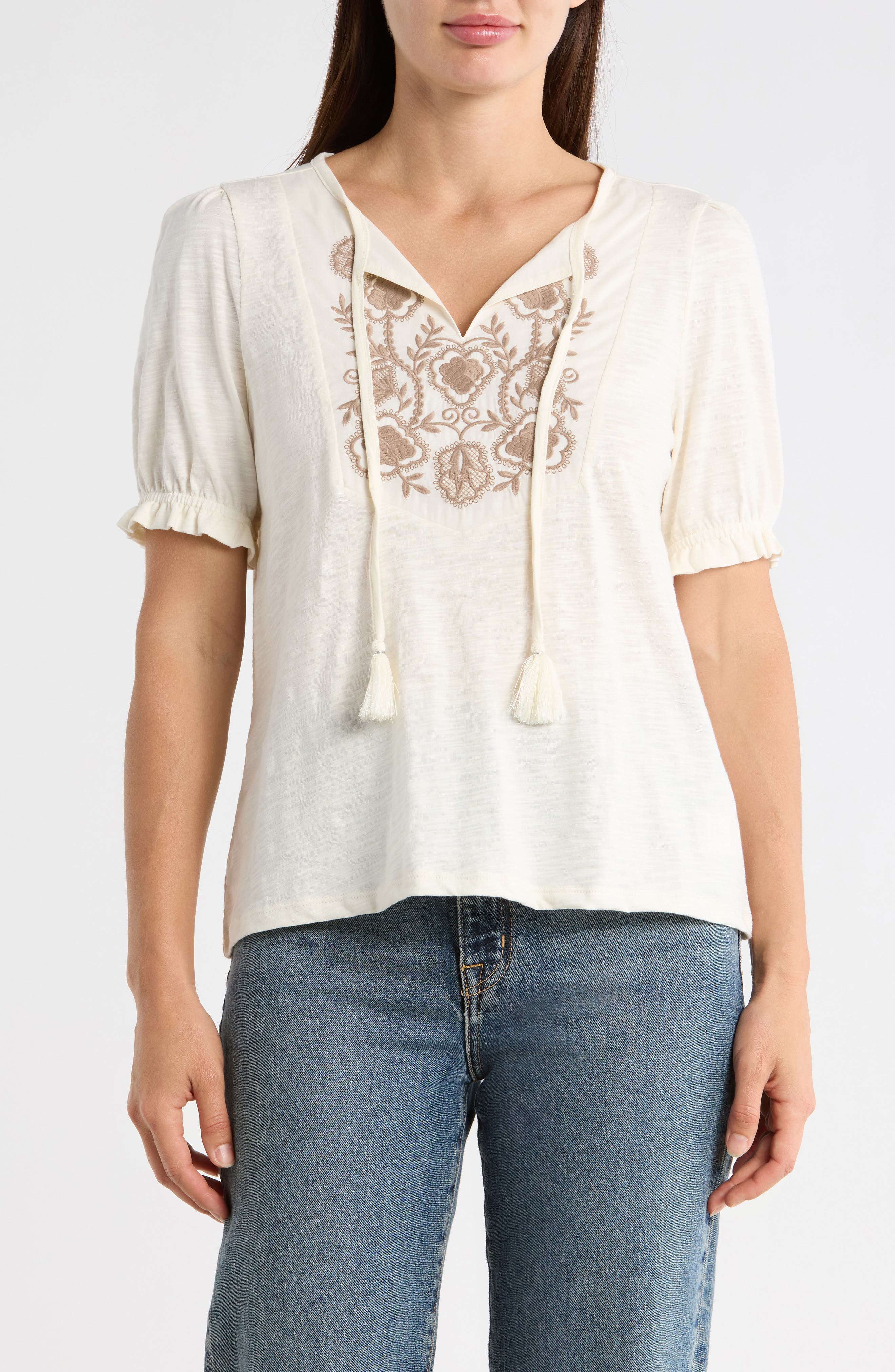Lucky Brand Embroidered Tie Front Top