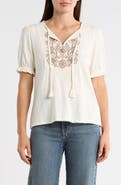 Lucky Brand Embroidered Tie Front Top