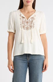 Lucky Brand Embroidered Tie Front Top