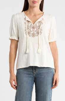Lucky Brand Embroidered Tie Front Top