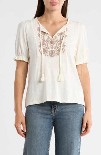 Lucky Brand Embroidered Tie Front Top