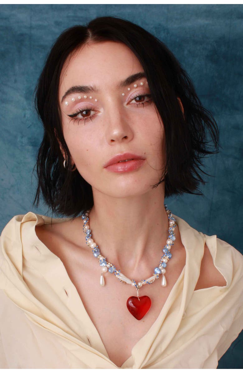 Velvet Luna Pearl Necklace With Heart Charm, Alternate, color, Multi Colored