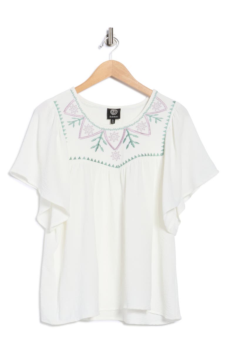 Bobeau Embroidered Swing Top, Main, color, White/ Mineral Blue-