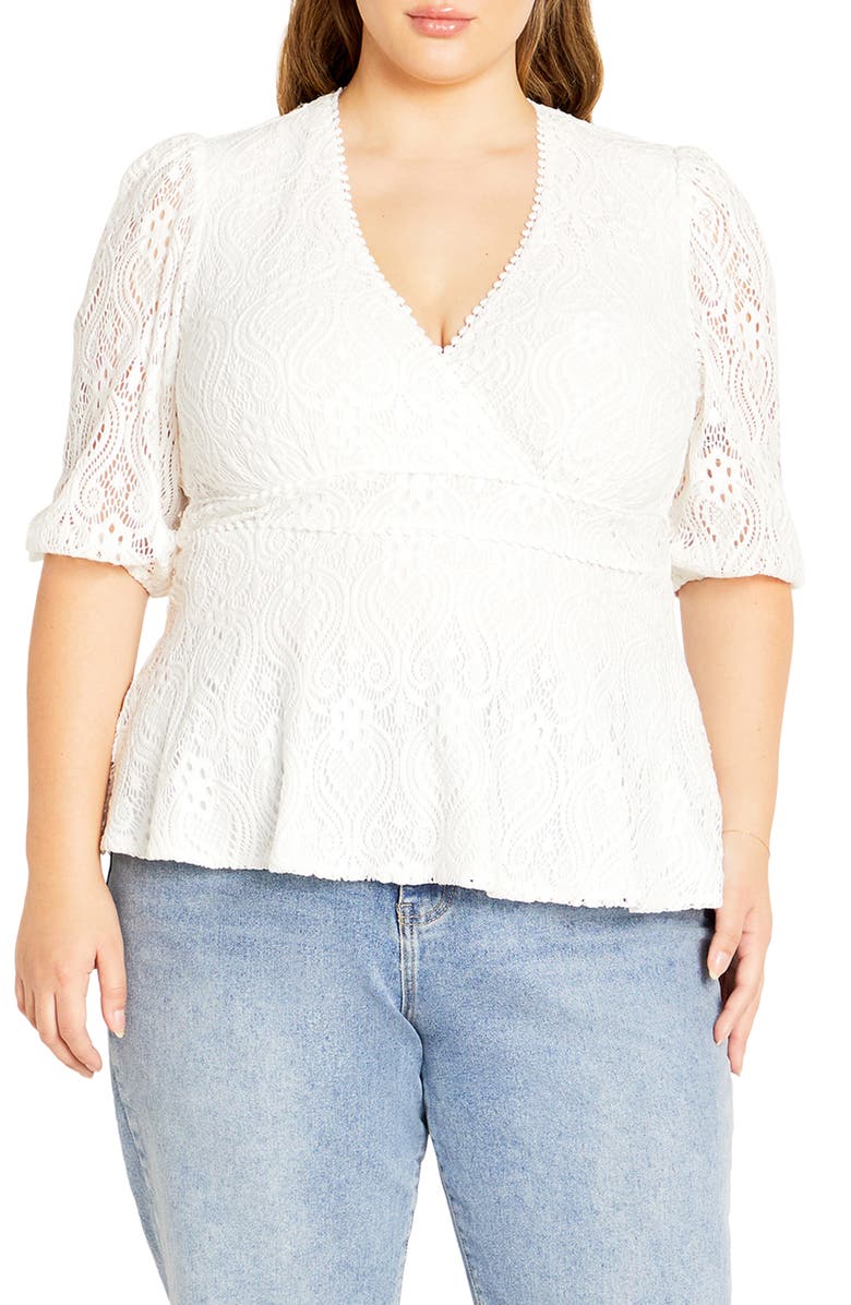 City Chic Ariah Stretch Lace Top, Main, color, Cream