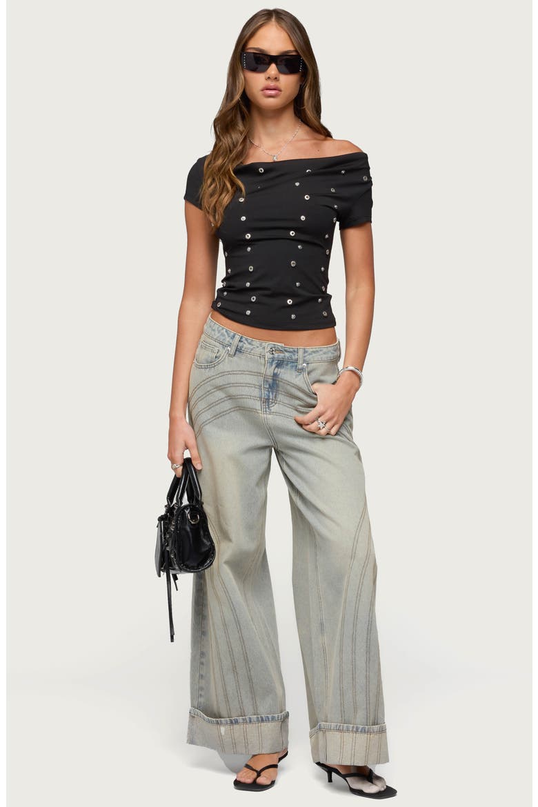 Bijou Metal Snap Stud Off the Shoulder Top, Alternate, color, BLACK