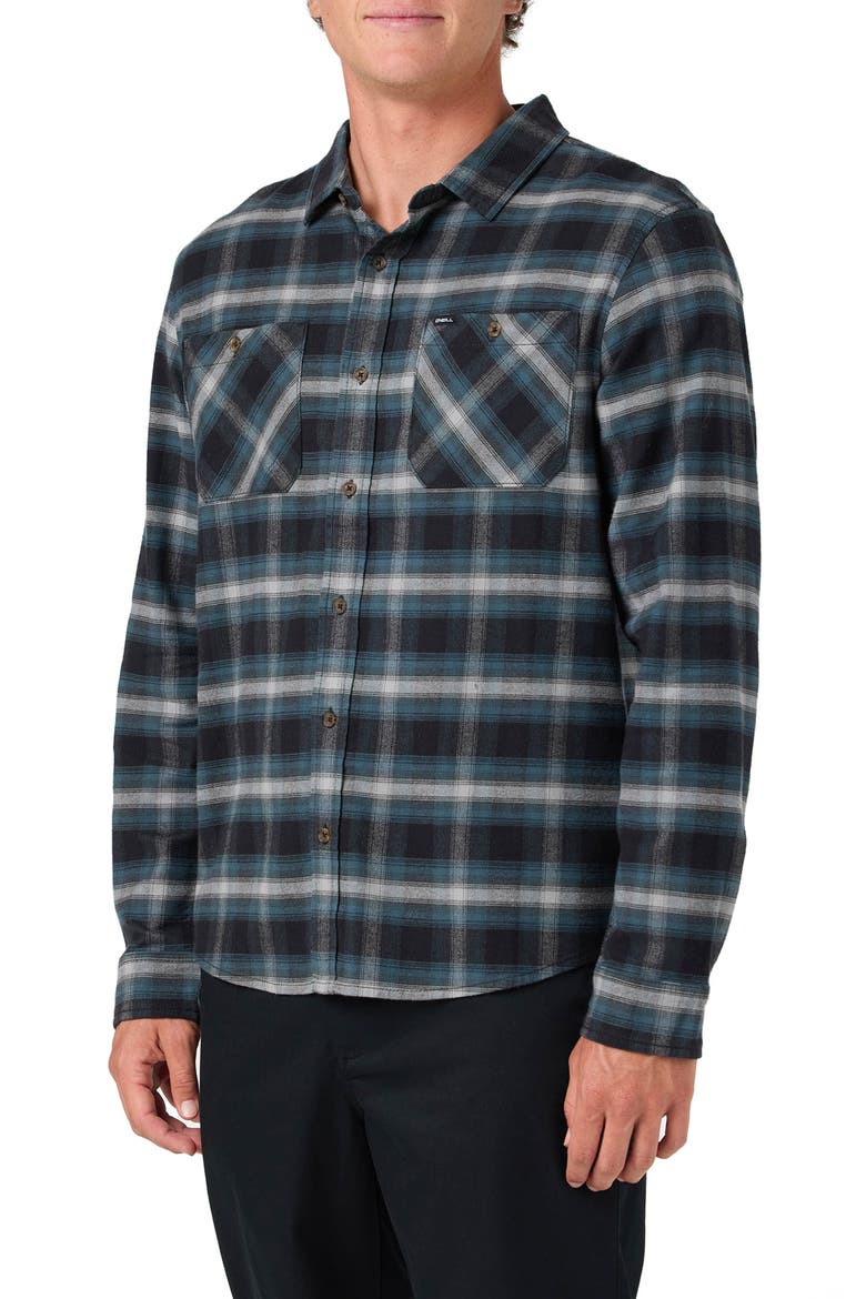 Coastline Plaid Stretch Cotton Flannel Button-Up Shirt, Alternate, color, BLACK