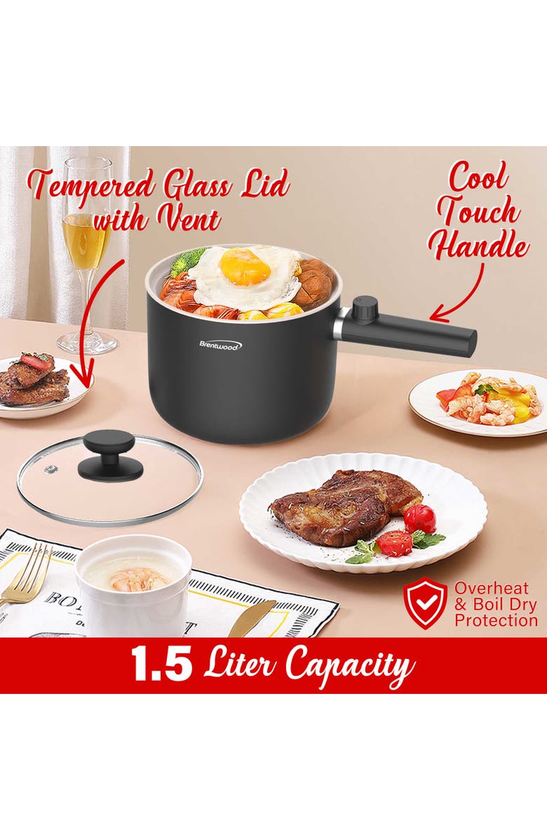 Brentwood Multi-Function Electric Hot Pot Cooker with Ceramic Non-Stick Ceramic Coating and Stainless-Steel Food Steamer, Alternate, color, Black
