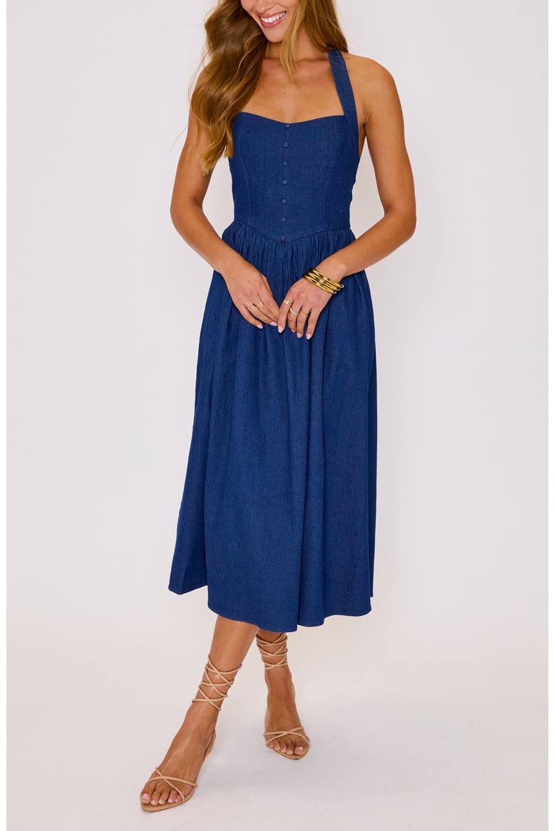 Kylie Denim Halter Midi Dress, Alternate, color, DARK WASH