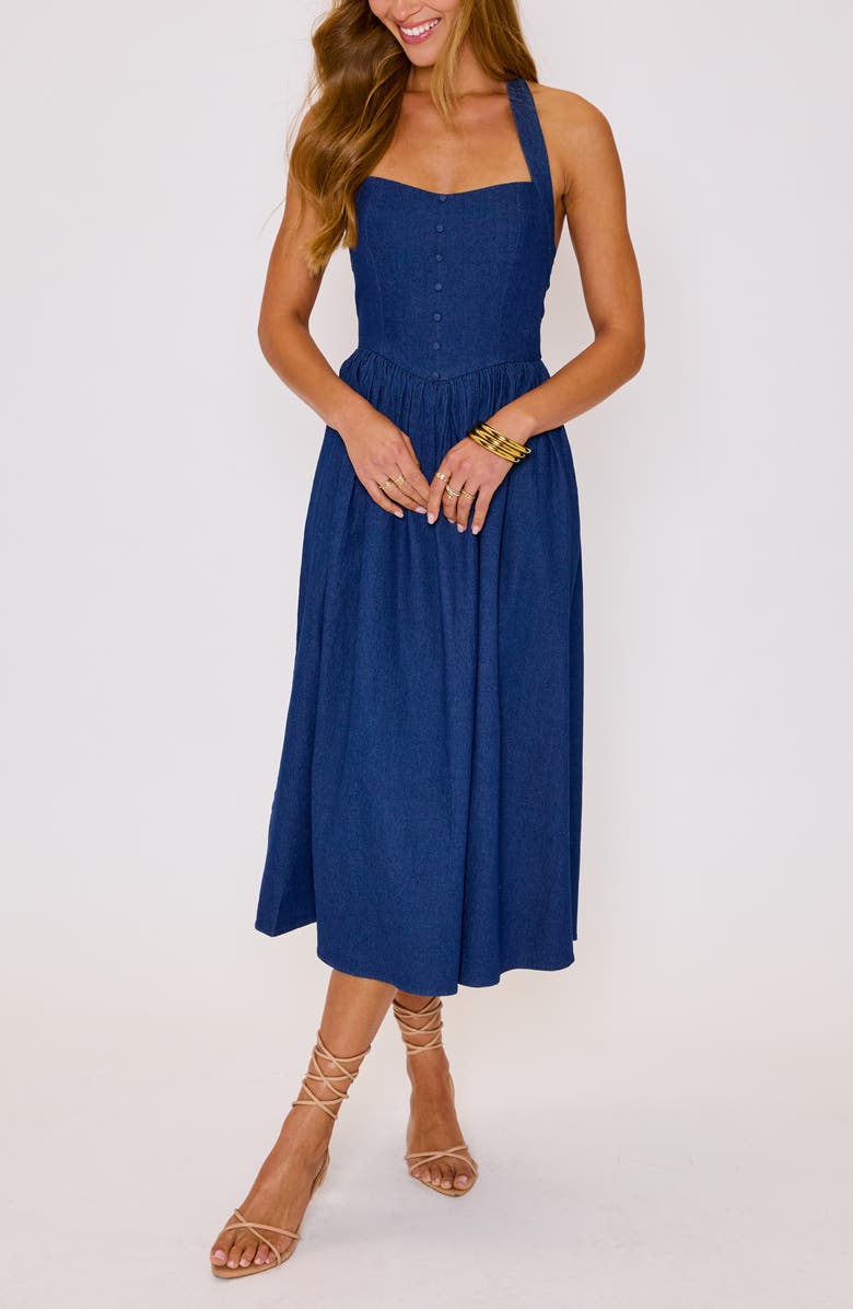 VICI Collection Kylie Denim Halter Midi Dress, Alternate, color, Dark Wash