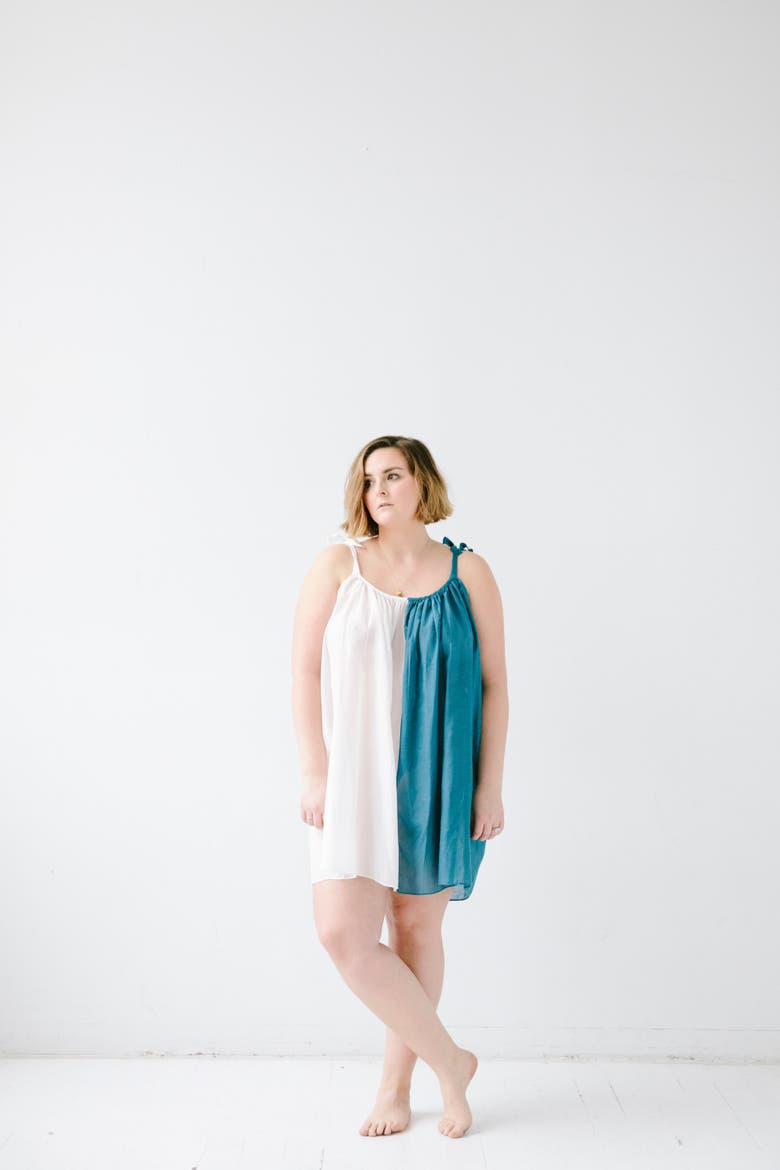 Sheer Tie Strap Babydoll in Silk Cotton Blend, Alternate, color, White/Teal