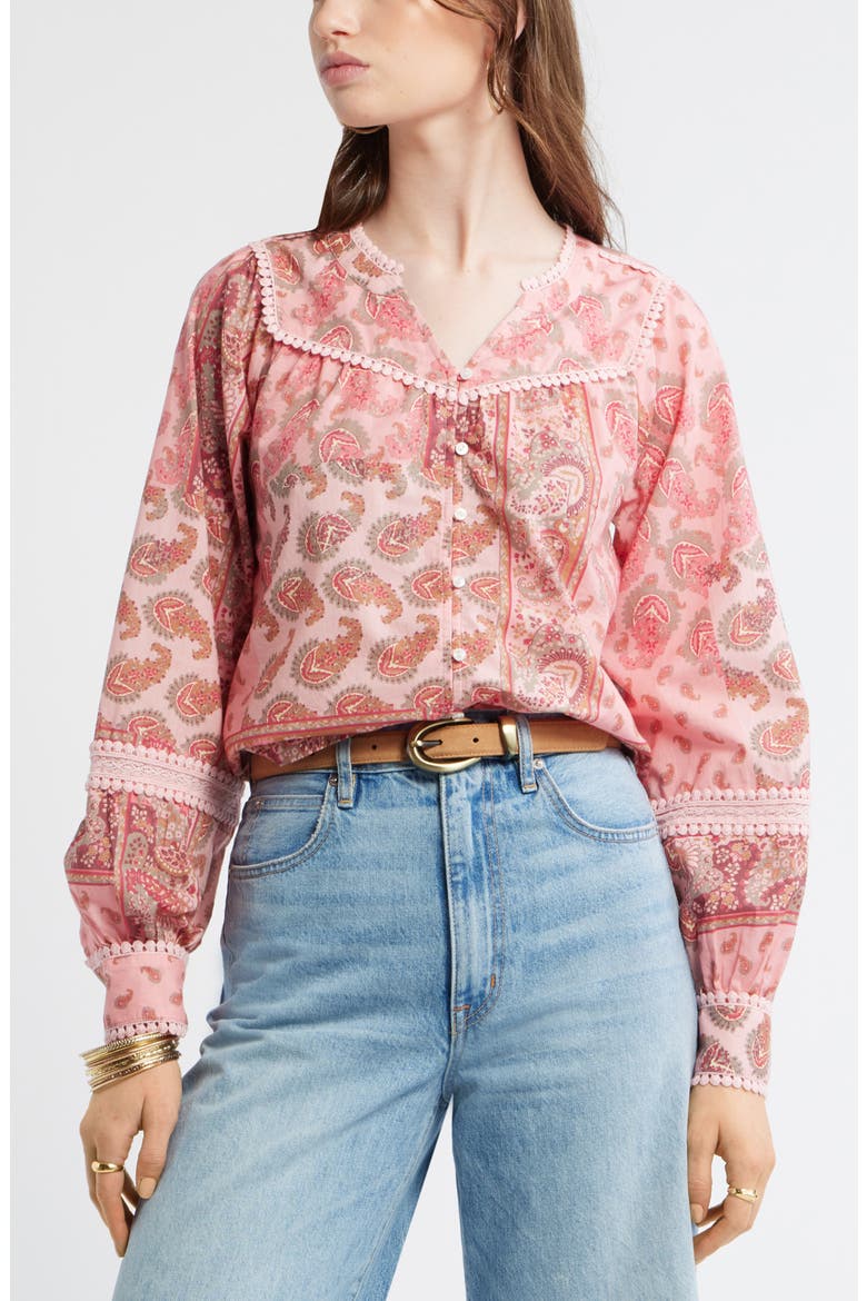 Lace Trim Button-Up Shirt, Main, color, PINK- OLIVE PATCHWORK PAISLEY