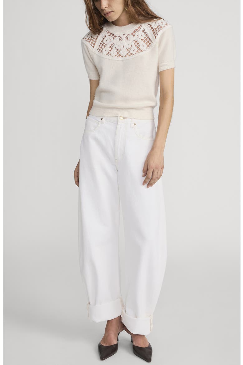 The Lace Gathered Cashmere Short Sleeve Sweater, Alternate, color, CREAM