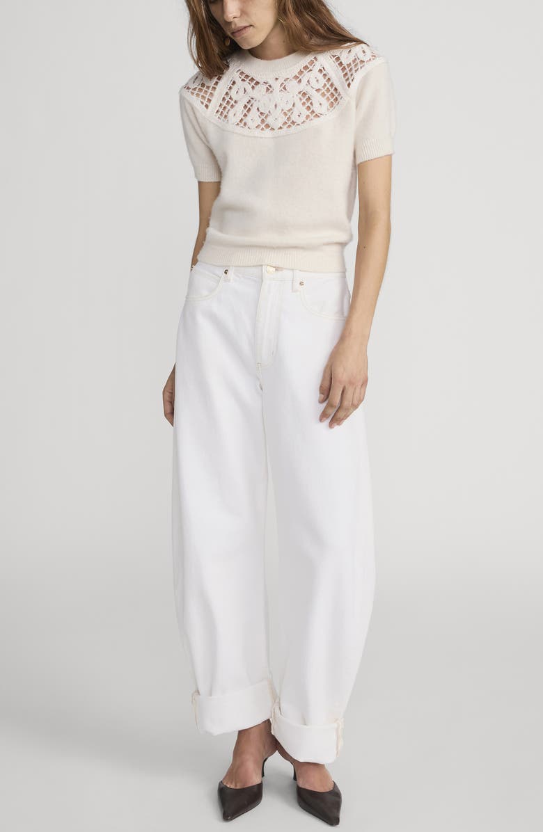 FRAME The Lace Gathered Cashmere Short Sleeve Sweater, Alternate, color, Cream