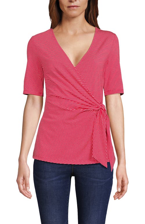 Lands' End Elbow Sleeve Lightweight Jersey Side Tie Blouse In Berry Rouge Tiny Stripe