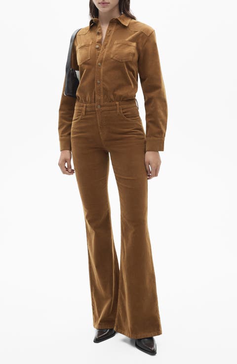 Long Sleeve Flare Leg Corduroy Jumpsuit