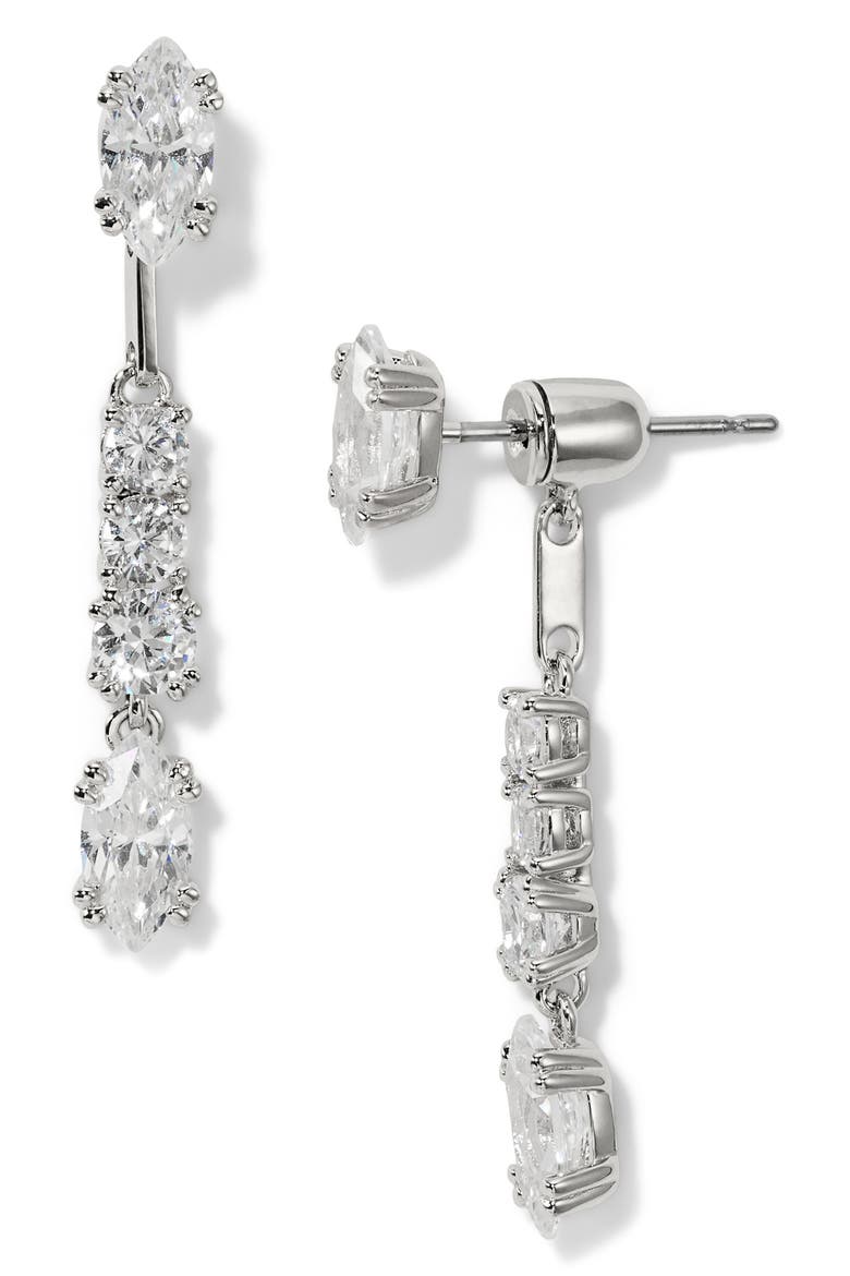 Twinnie Pavé Cubic Zirconia Linear Jacket Drop Earrings, Main, color, RHODIUM