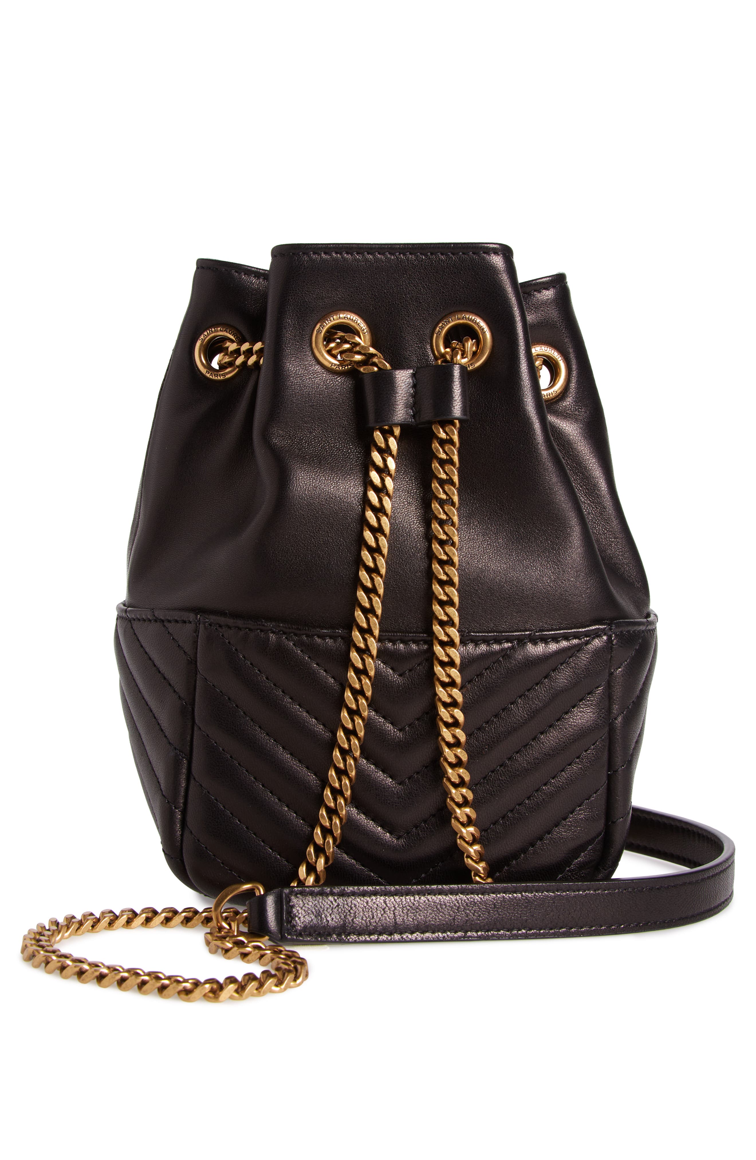 Saint Laurent Mini Joy Matelassé Leather Bucket Bag, Alternate, color, Noir