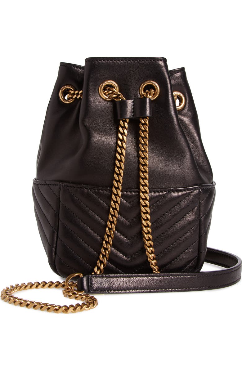 Saint Laurent Mini Joy Matelassé Leather Bucket Bag, Alternate, color, Noir