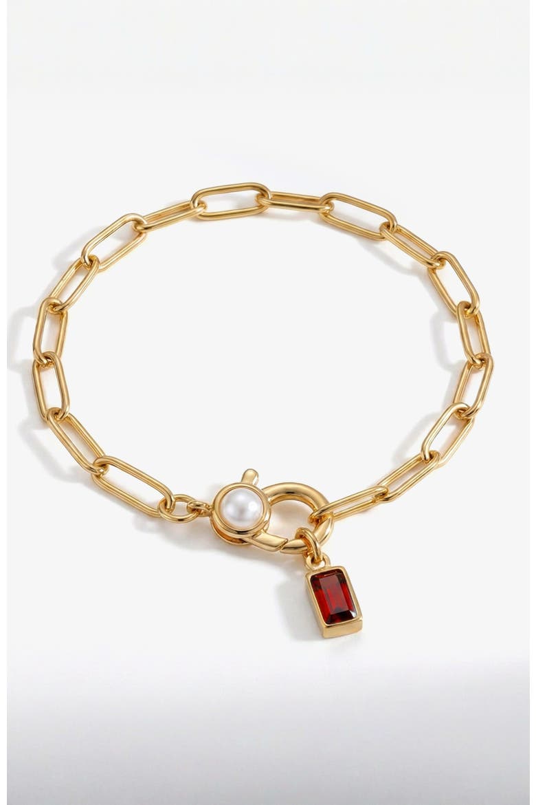 Paperclip Bracelet with Pearl Accent with Dainty Baguette Birthstone Charm, Main, color, January Garnet