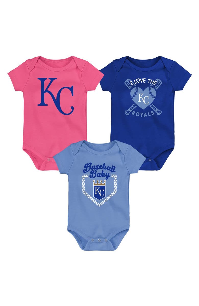 Outerstuff Infant Royal/Light Blue/Pink Kansas City Royals Baseball Baby 3-Pack Bodysuit Set, Main, color, 