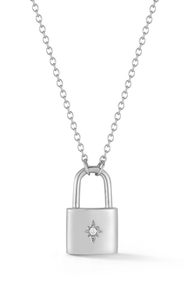 GLAZE JEWELRY Sterling Silver & CZ Lock Pendant Necklace, Main, color, 