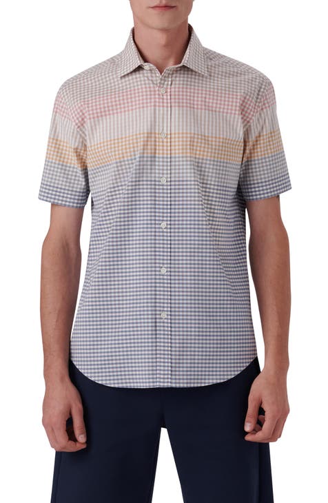 Shaped Fit Gingham Stripe Short Sleeve Stretch Cotton Button-Up Shirt