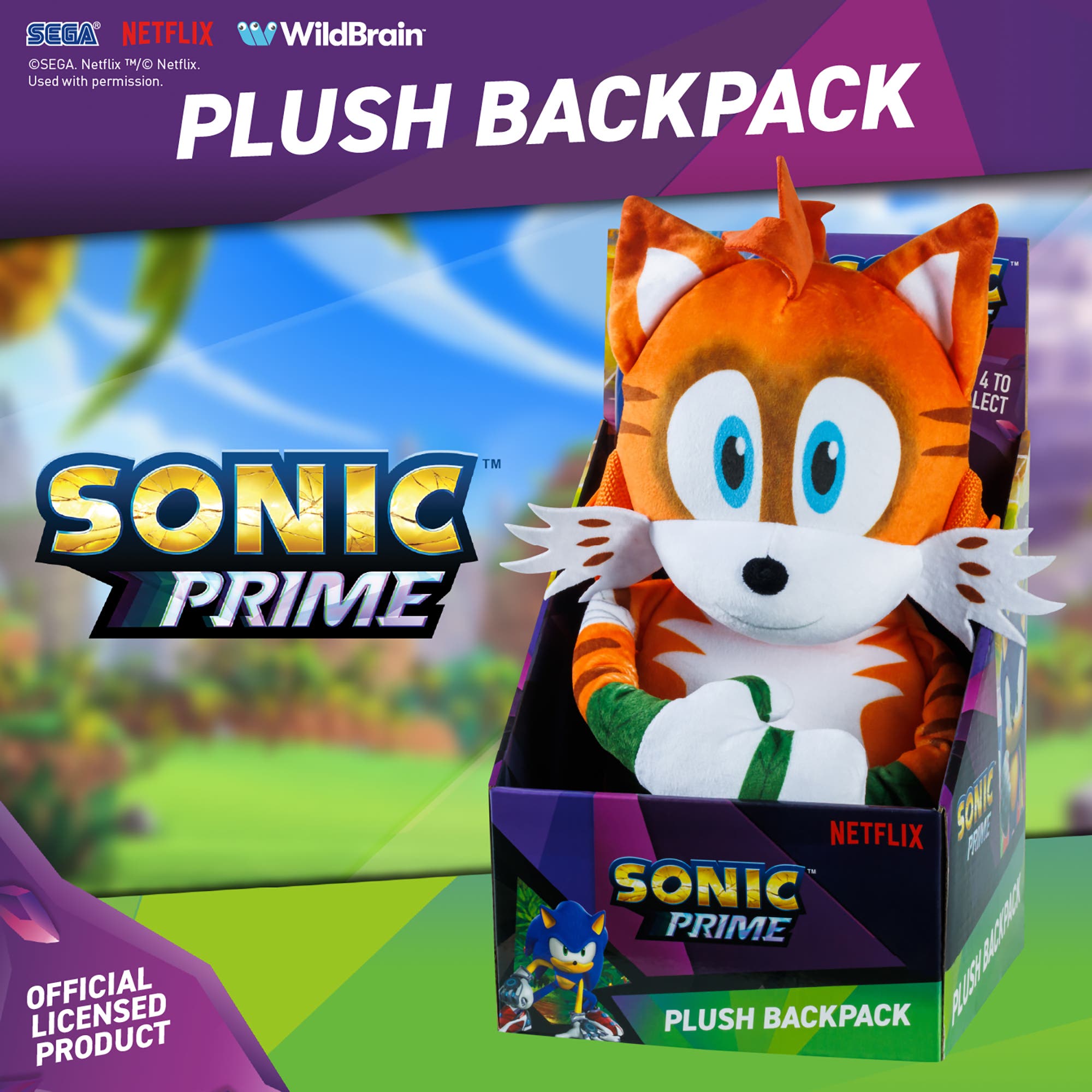 Sonic Prime 15 Inch Plush Kids Backpack Mangey Tails, Alternate, color, Multicolored