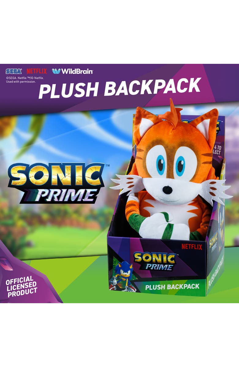 Sonic Prime 15 Inch Plush Kids Backpack Mangey Tails, Alternate, color, Multicolored