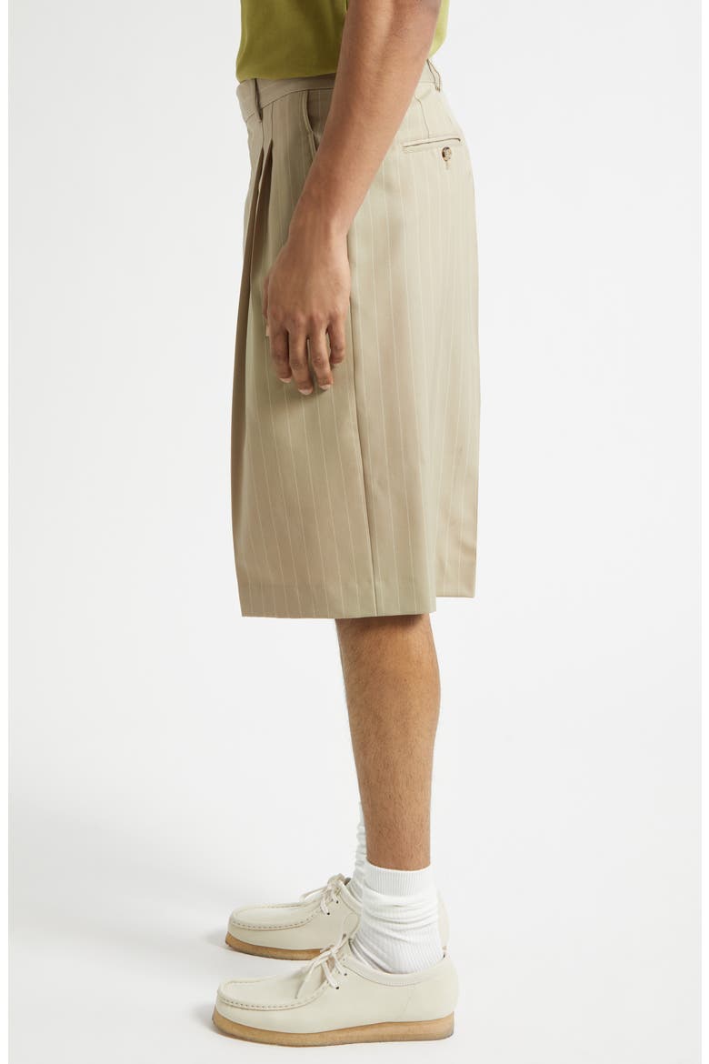 Pleated Pinstripe Wide Leg Wool Gabardine Bermuda Shorts, Alternate, color, BEIGE TAUPE/ BLANC CREME