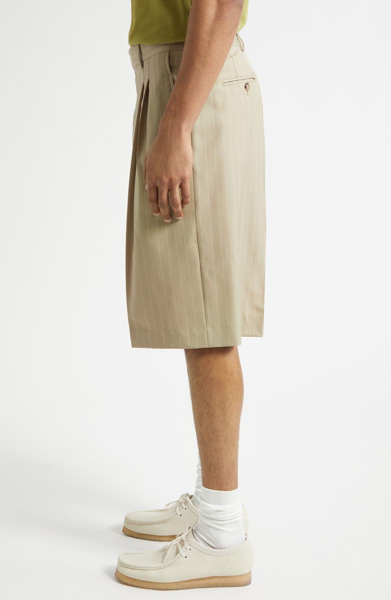 AMI PARIS Pleated Pinstripe Wide Leg Wool Gabardine Bermuda Shorts, Alternate, color, Beige Taupe/ Blanc Creme