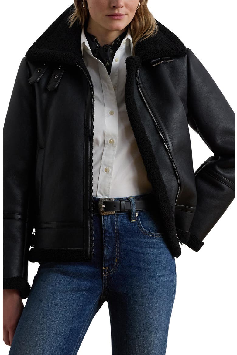Faux Leather & Faux Shearling Bomber Jacket, Main, color, BLACK