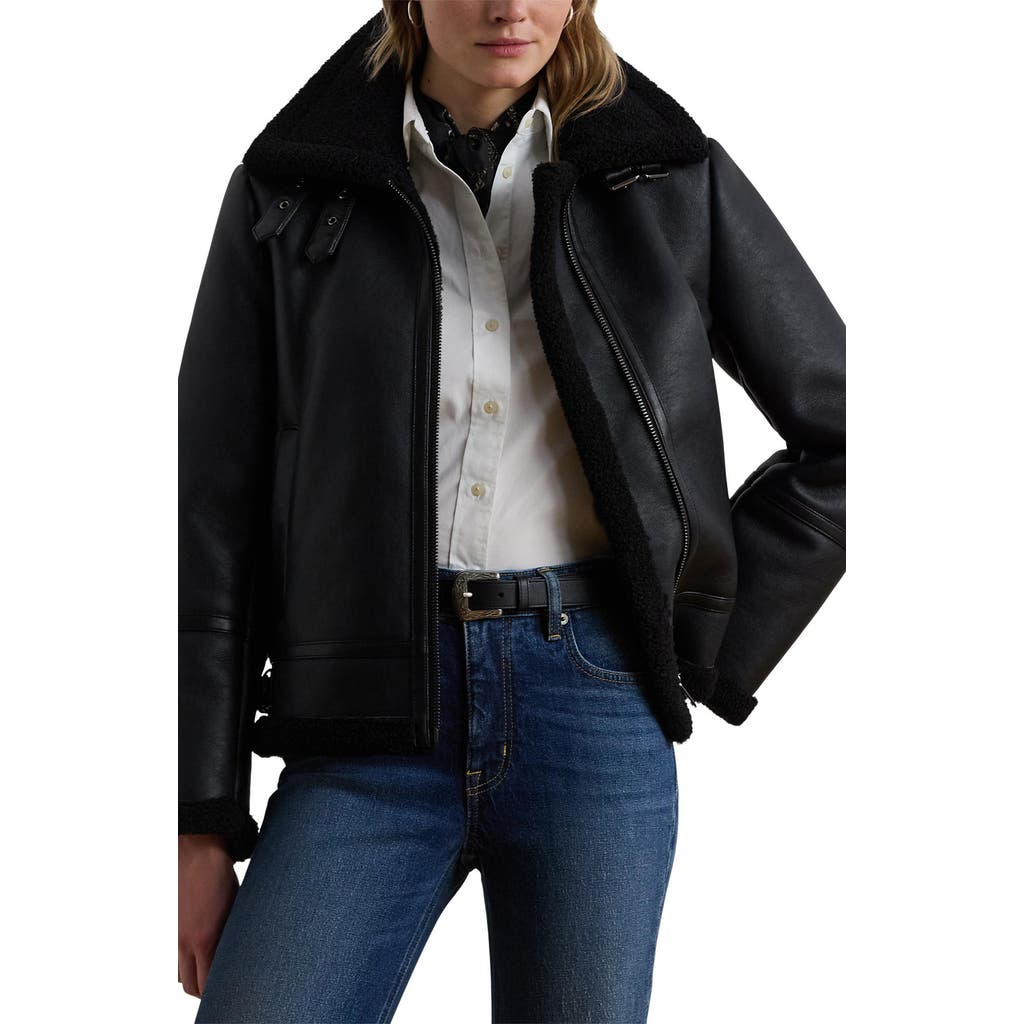 Ralph Lauren Lauren Faux Leather & Faux Shearling Bomber Jacket In Black