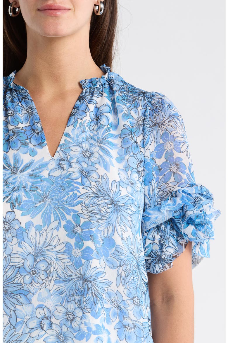 Tierra Floral Ruffle Trim Top, Alternate, color, BLUES