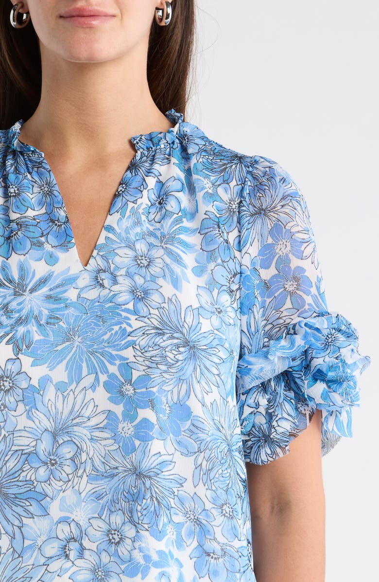 SUGARLIPS Tierra Floral Ruffle Trim Top, Alternate, color, Blues