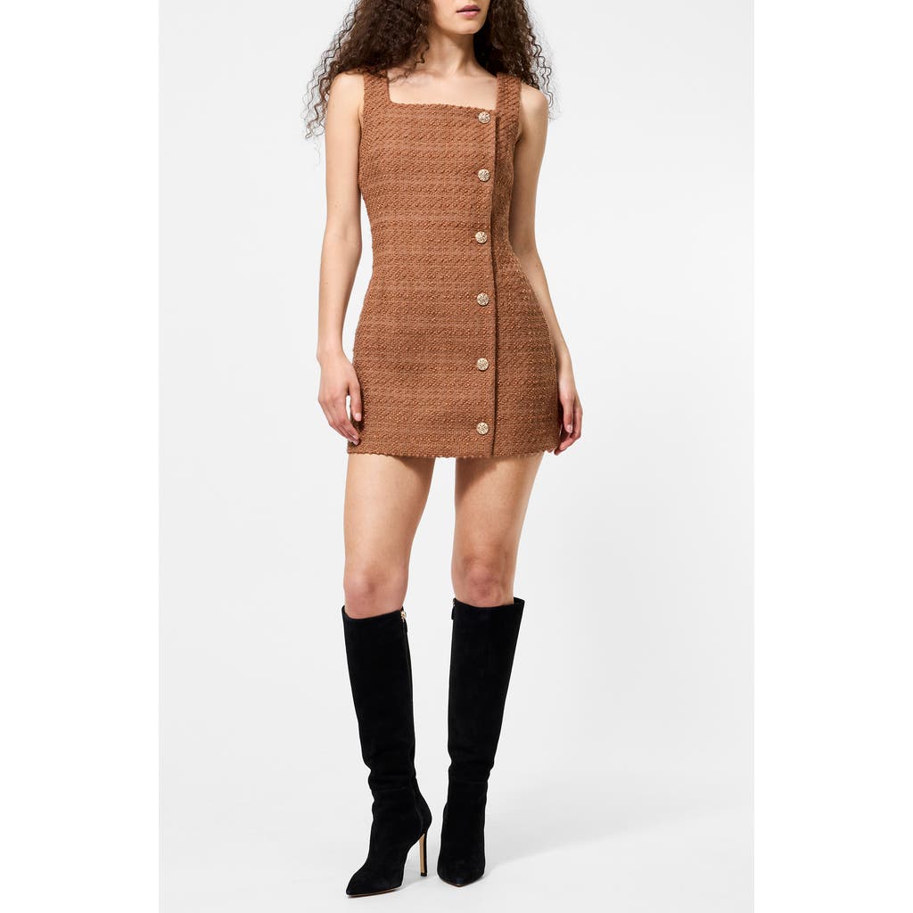 French Connection Structured Tweed Square Neck Minidress In Brown