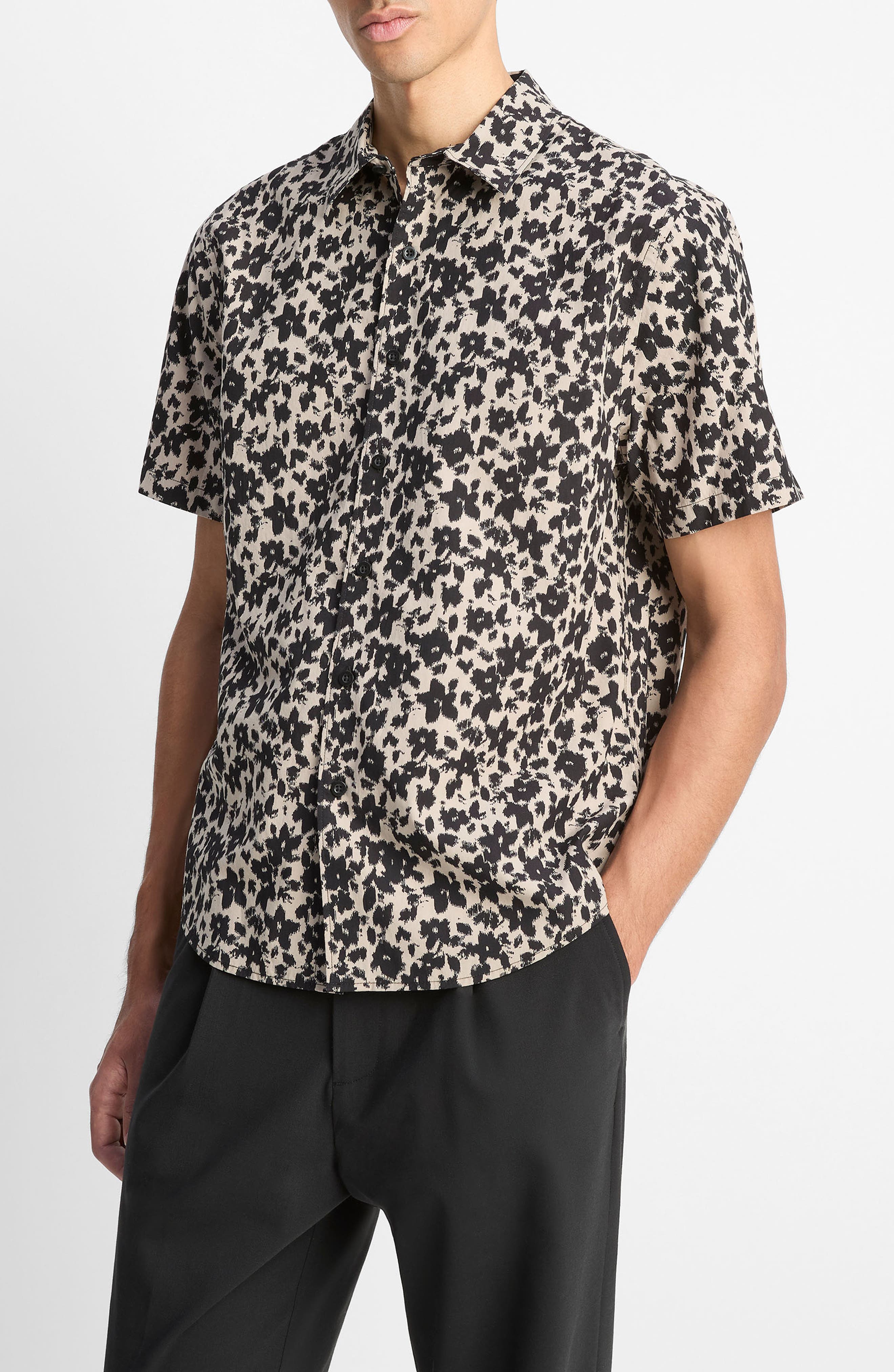 Vince Star Lily Floral Short Sleeve Lyocell & Cotton Button-Up Shirt