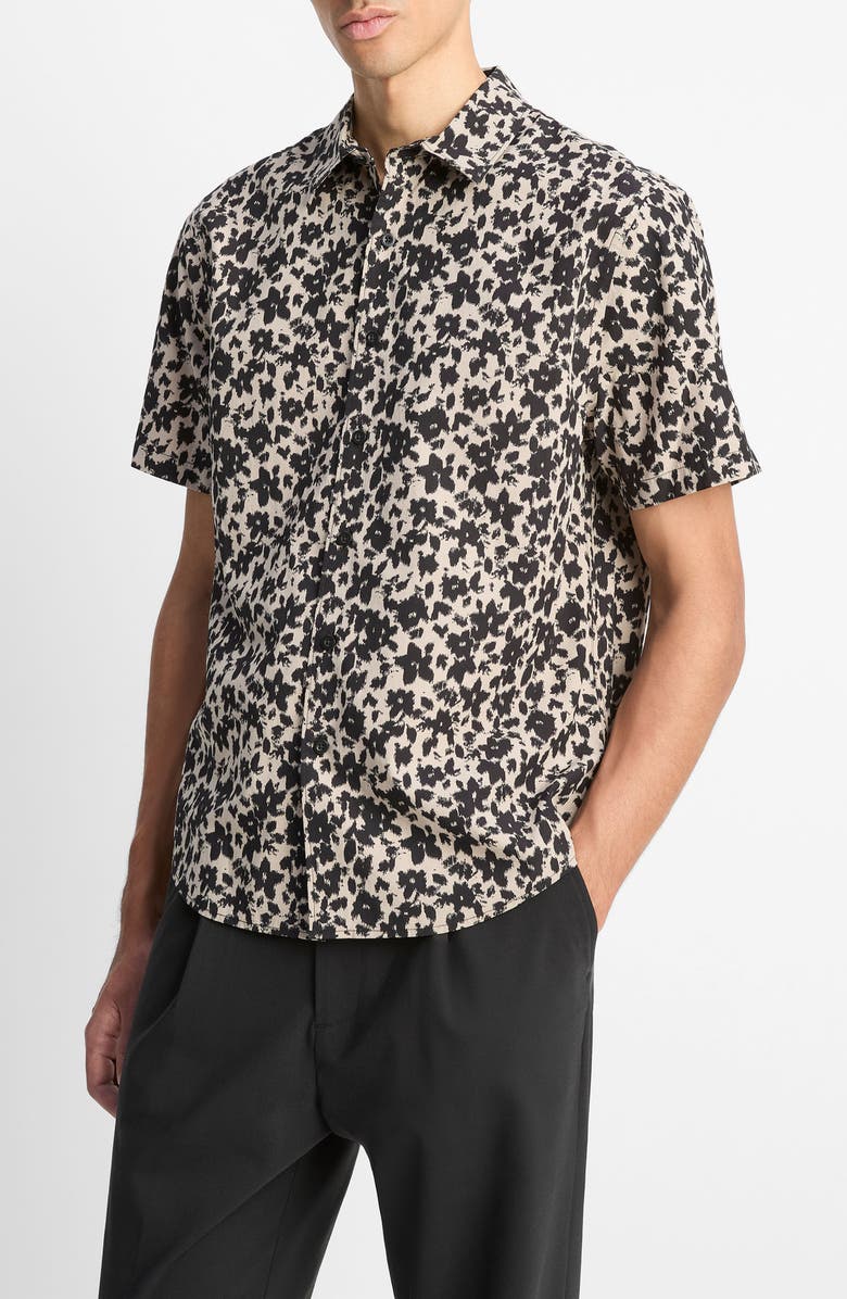 Vince Star Lily Floral Short Sleeve Lyocell & Cotton Button-Up Shirt, Main, color, Putty/ Black