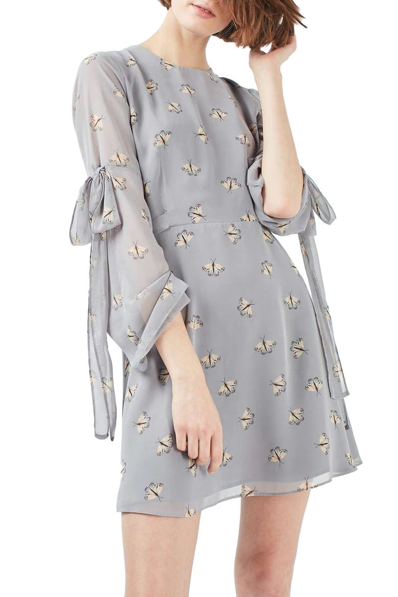 Moth Print Skater Dress, Main, color, LIGHT GREY