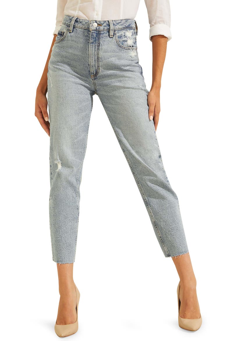 Distressed Raw Hem Ankle Mom Jeans, Main, color, MOONSTONE BLUE