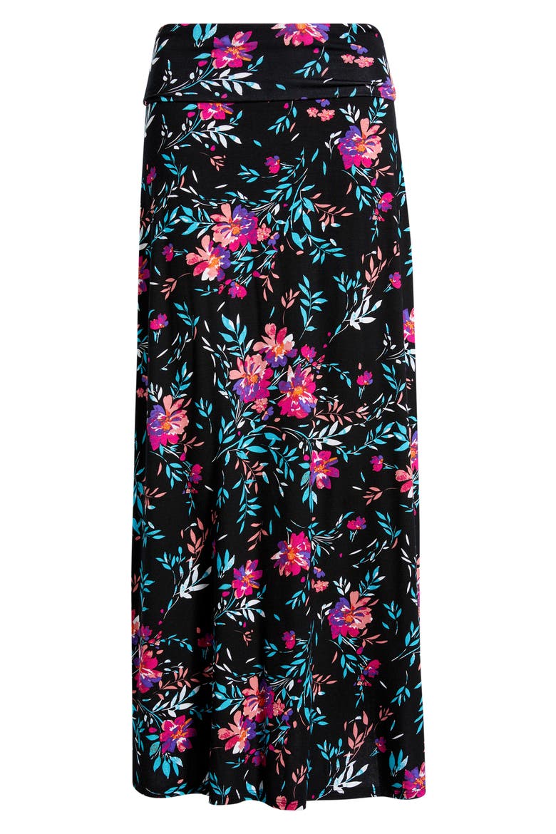 Roll Top Floral Print Maxi Skirt, Alternate, color, BLACK/ FUCHSIA
