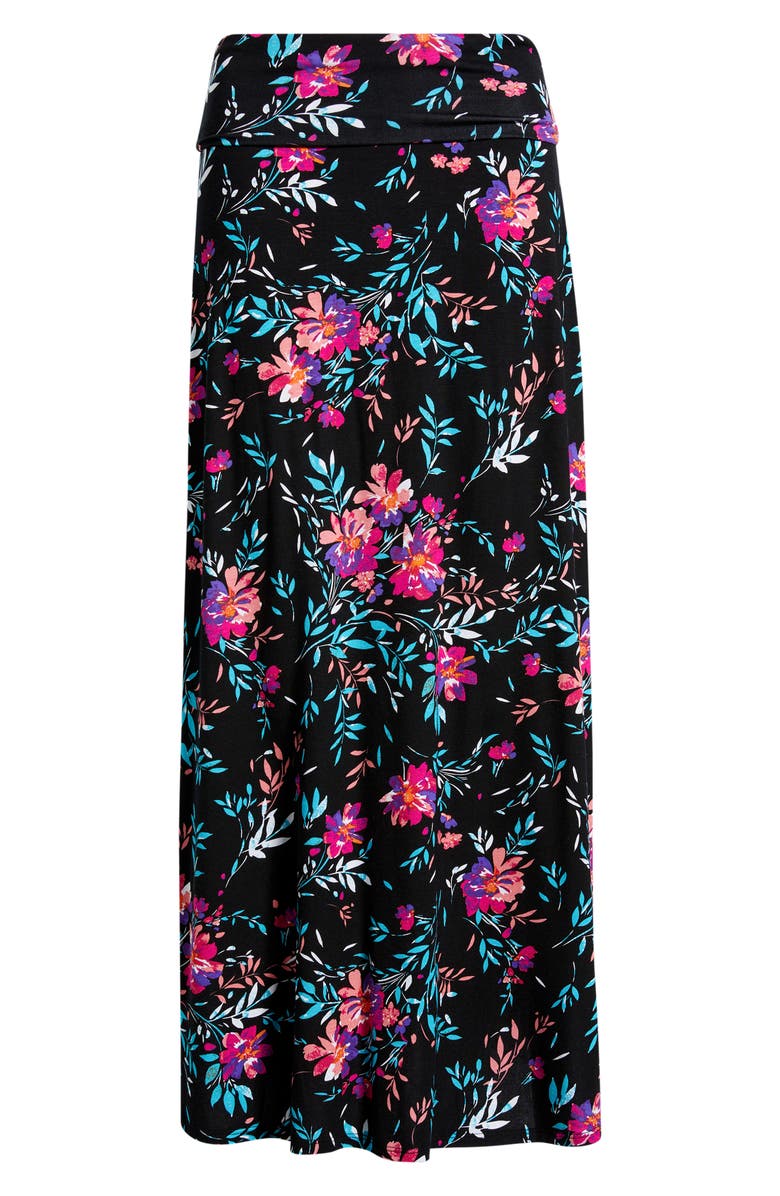 Loveappella Roll Top Floral Print Maxi Skirt, Alternate, color, Black/ Fuchsia