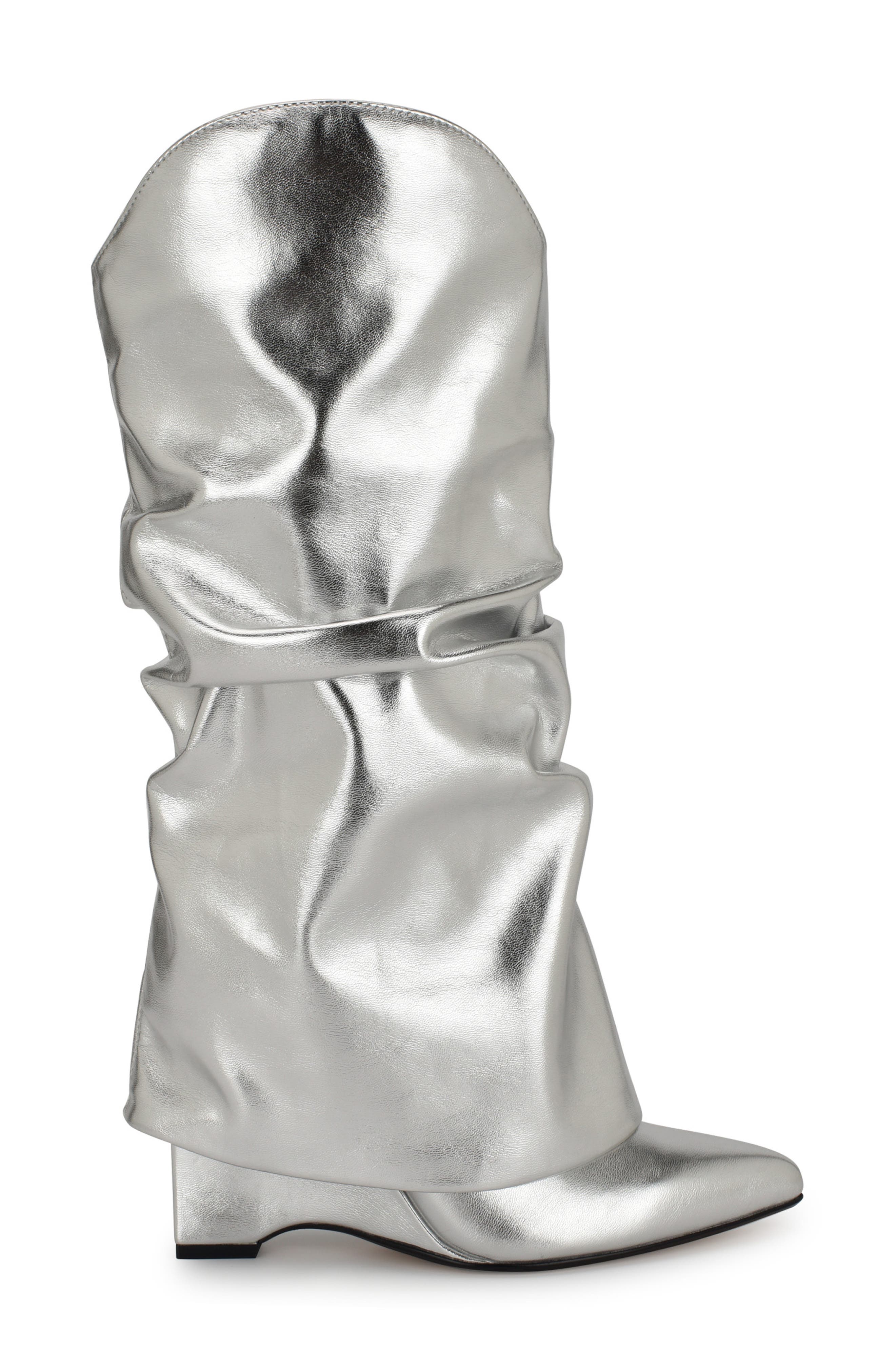 Nine West Amazin Foldover Shaft Pointed Toe Wedge Boot, Alternate, color, Silver