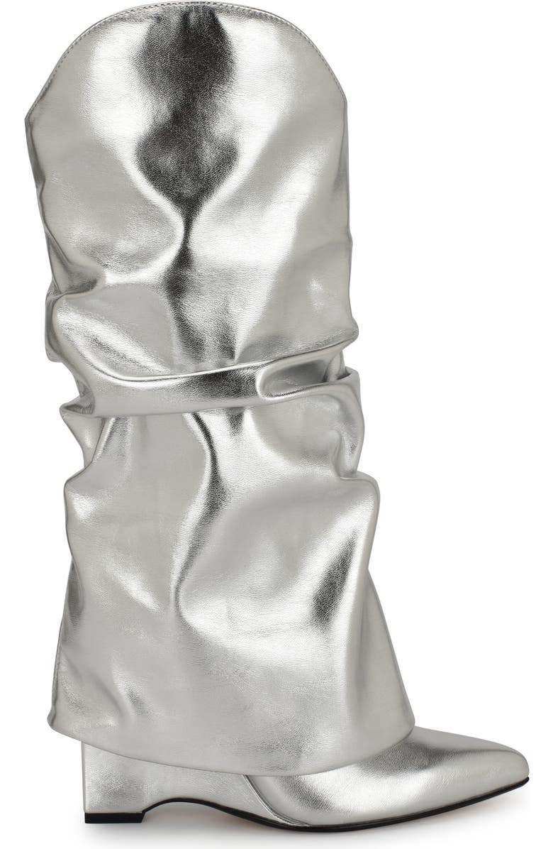 Nine West Amazin Foldover Shaft Pointed Toe Wedge Boot, Alternate, color, Silver
