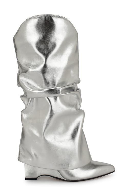 Nine West Amazin Foldover Shaft Pointed Toe Wedge Boot In Silver
