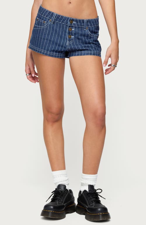 Edikted Hanson Pinstripe Low Rise Denim Shorts In Blue