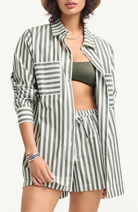Nadia Stripe Oversize Organic Cotton Cover-Up Shirt